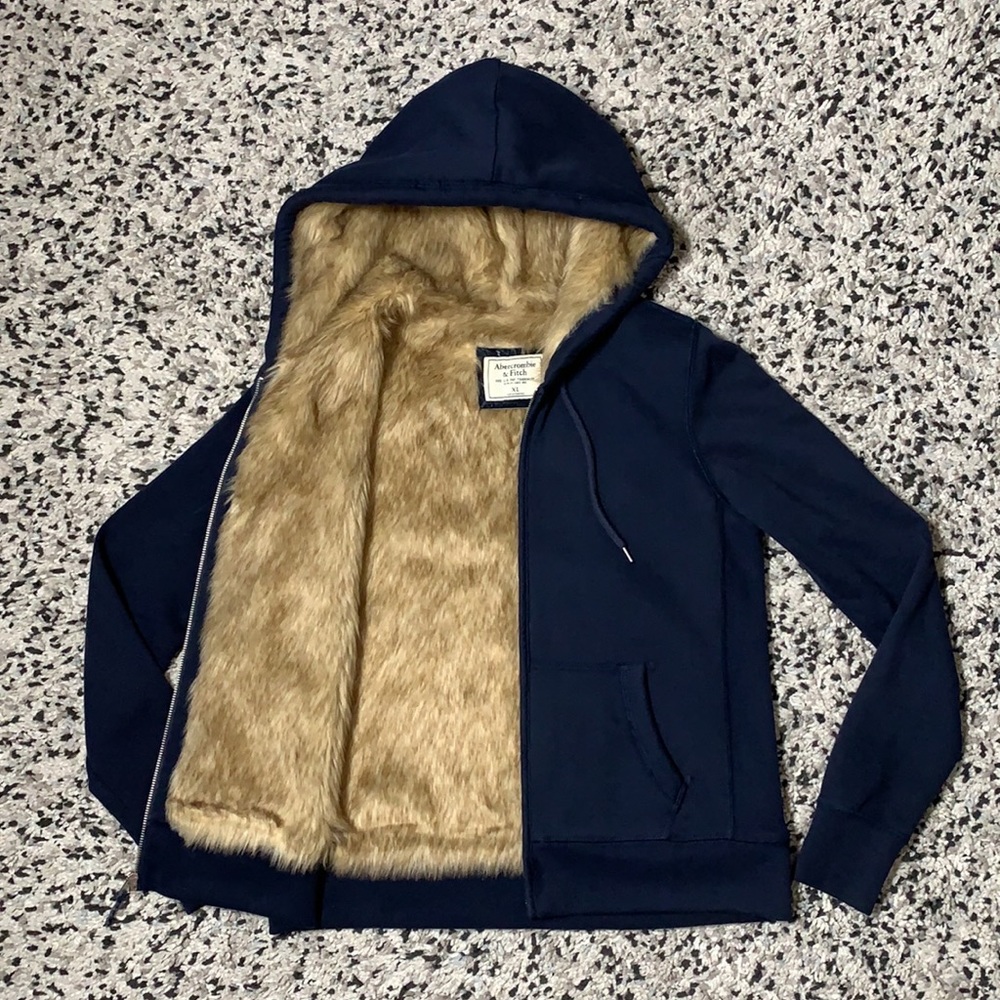 Abercrombie & Fitch Navy Blue Full Zip Faux Fur Lined Hoodie Size XL